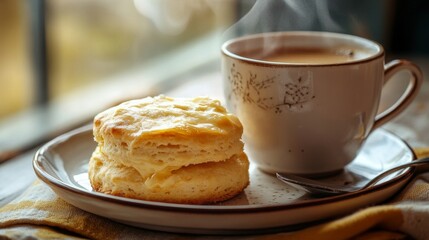 Golden Butter Biscuit Placed Next to Steaming Cup of Tea