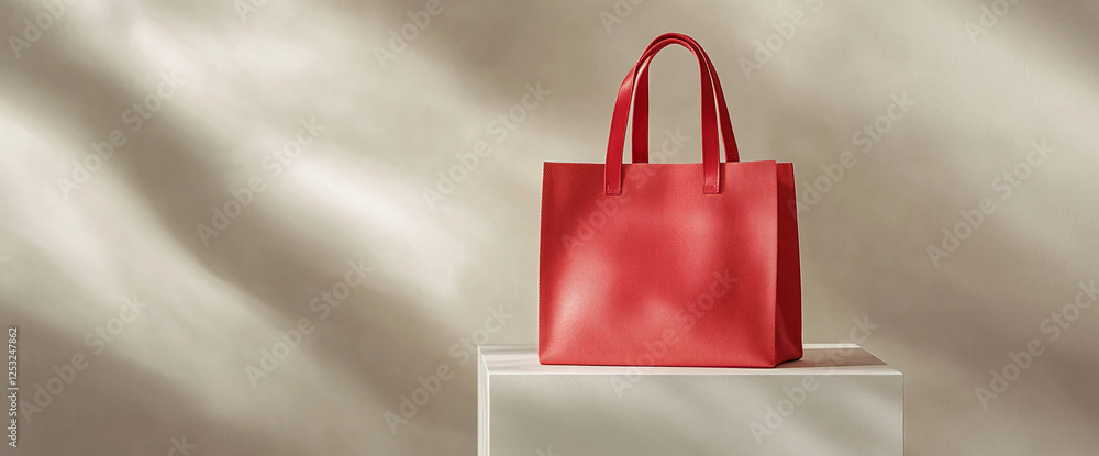Poster a red shopping bag displayed on a white pedestal with soft lighting casting shadows, representing mo