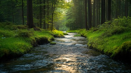 Fototapeta premium Sun-Kissed Serenity, A Glimpse into a Verdant Forest Stream's Tranquil Embrace