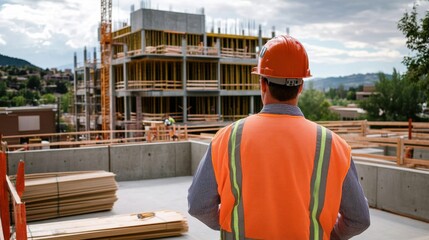 A focused shot of a construction manager overseeing safety protocols and project timelines on a complex healthcare facility construction site, Healthcare facility construction scene