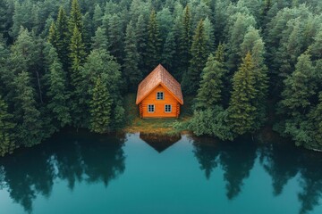 Obraz premium Wooden Cabin Nestled in Forest Beside a Lake