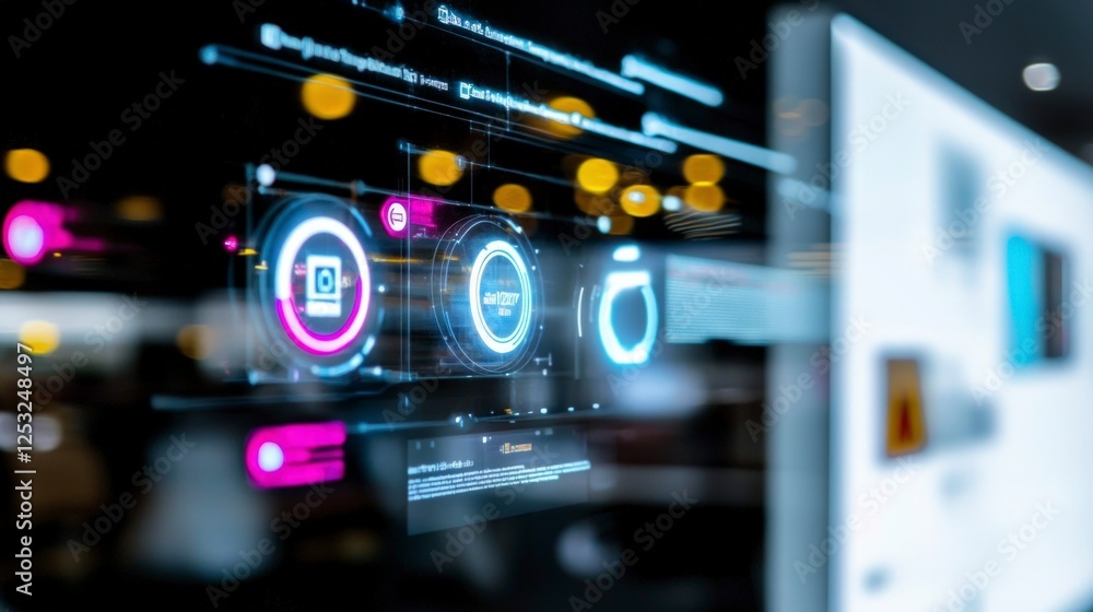 Poster futuristic digital interface with neon lights and bokeh background