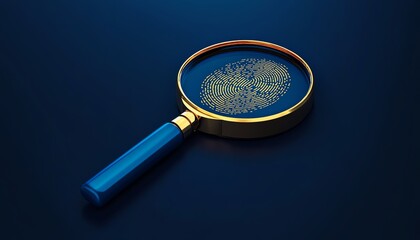 3D render of blue magnifying glass and yellow fingerprint with lock on dark blue background, symbolizing security, identity verification, and protection