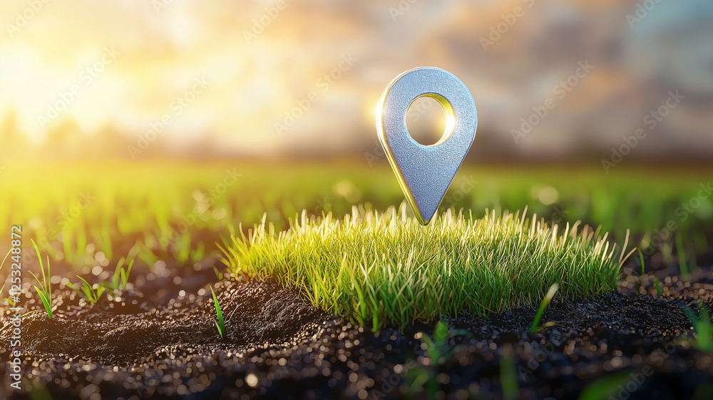 Poster metallic location pin stands on patch of grass in field, illuminated by warm sunlight. scene conveys