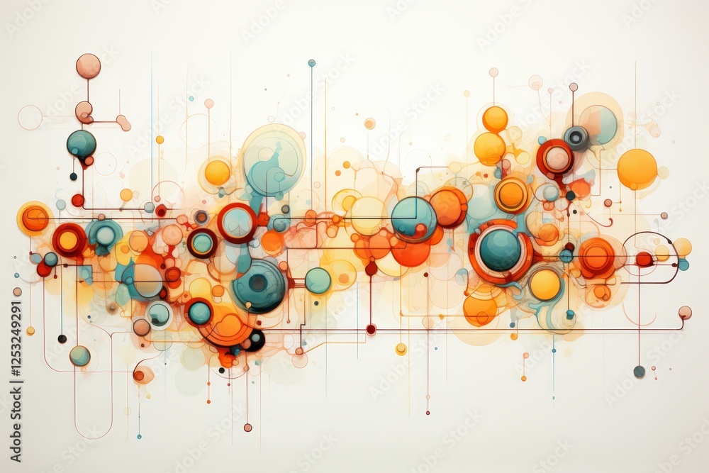 Poster vibrant abstract technical drawing with connected cylinders and curves on light background