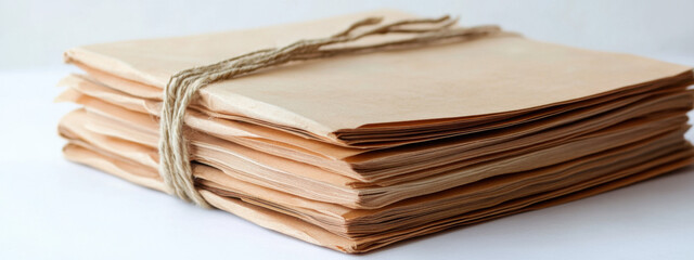 Stack of vintage papers bound with twine on a white surface, evoking a sense of nostalgia and history.