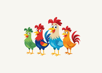 Set of different farm chickens in cartoon style Hand Drawn Illustration Isolated On Transparent Background