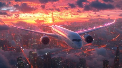 Fototapeta premium Airplane Soaring Above Cityscape at Sunset