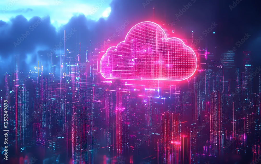 Poster cloud service hologram with file transfer and synchronization sign, glowing over a cityscape of skys