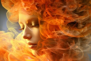 Fototapeta premium Dynamic portrait of a girl inhaling smoke amidst a blurred abstract background to highlight movement