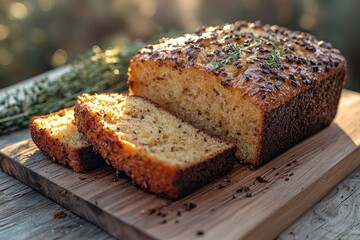 Sliced loaf of herb bread on wooden board, outdoor setting, warm sunlight