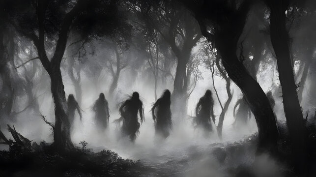 A fog-covered forest at midnight, where shadows of long-forgotten spirits move between the trees. Their forms flicker and fade in the mist.