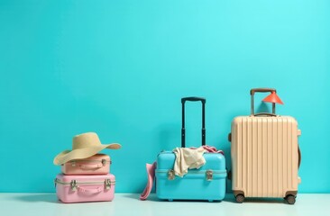 Suitcases with beach accessories on blue background with space for text 