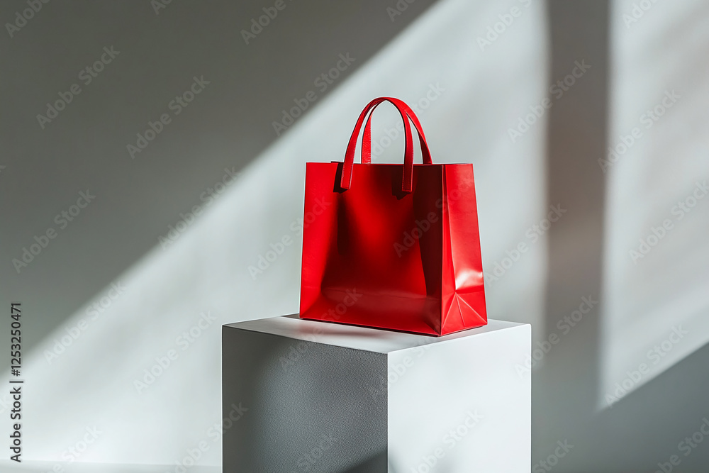 Poster a red shopping bag displayed on a white pedestal with soft lighting and shadows, representing modern