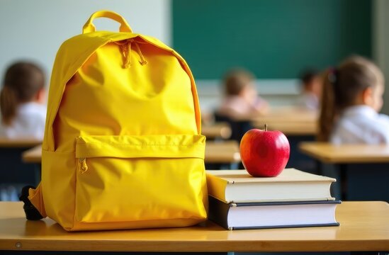 Yellow backpack with apple and copybooks on desk in classroom - Powered by Adobe