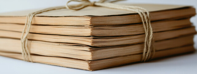Stack of vintage envelopes tied with string, showcasing a nostalgic and timeless feel with their weathered appearance.