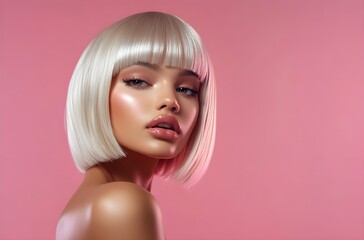 Beautiful girl with a blonde bob haircut, perfect skin, and makeup on a pink background. The hair color has a silver-white ombre effect. This is a beauty fashion model portrait. Generative AI.