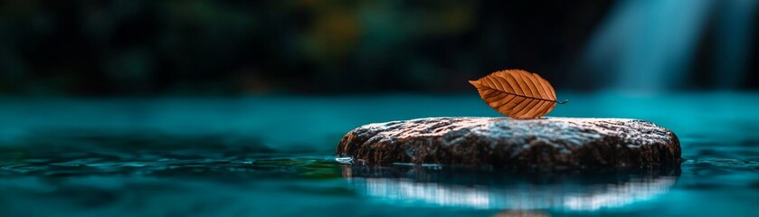 A serene scene featuring a single orange leaf resting on a stone in calm turquoise water, surrounded by nature's tranquility and a gentle waterfall.