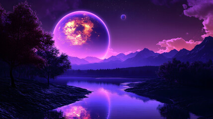 Fototapeta premium A synthwave landscape with purple mountains and palm trees 