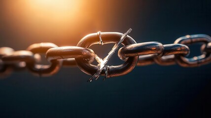 A broken chain linking two countries, symbolizing disrupted exports, dark background with spotlight effect