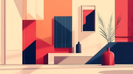 Abstract Geometric Interior Design with Red and Beige Accents