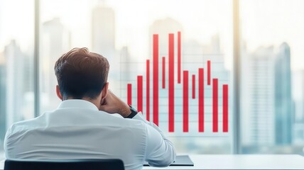 A business owner looking at declining export charts, modern office with city skyline in the background, emotional tone