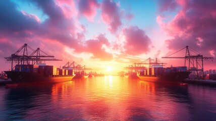 Fototapeta premium A bustling port with cargo ships unloading under strict tariffs, vivid sunset in the background, hyper-realistic style