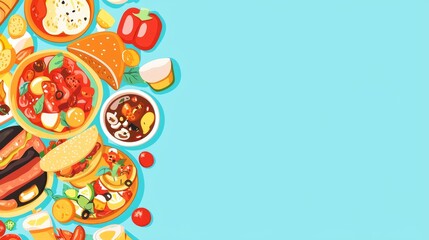 A multicultural food festival highlighting dishes from global cuisines with recipes isolated against a soft color background