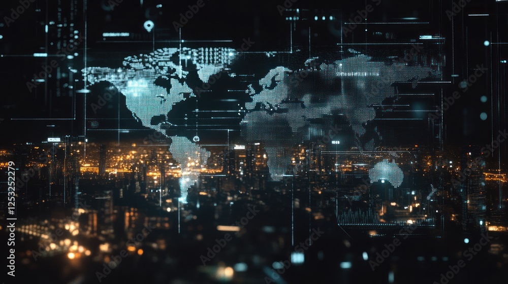 Poster global data network visualization with city lights and digital overlay abstract