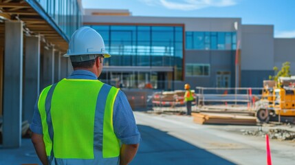 A focused shot of a construction manager overseeing safety protocols and project timelines on a complex university campus construction site, University campus construction scene