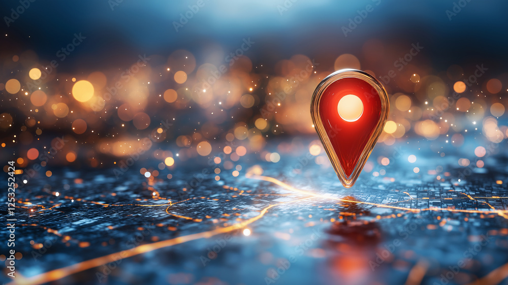 Poster 3d red location pin icon stands prominently on blurred city map background, illuminated by soft boke