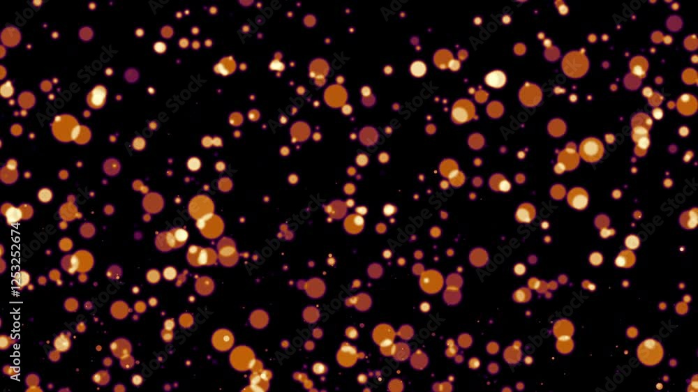 Poster animation loop orange purple bokeh particles flow to top right on black abstract background. animati