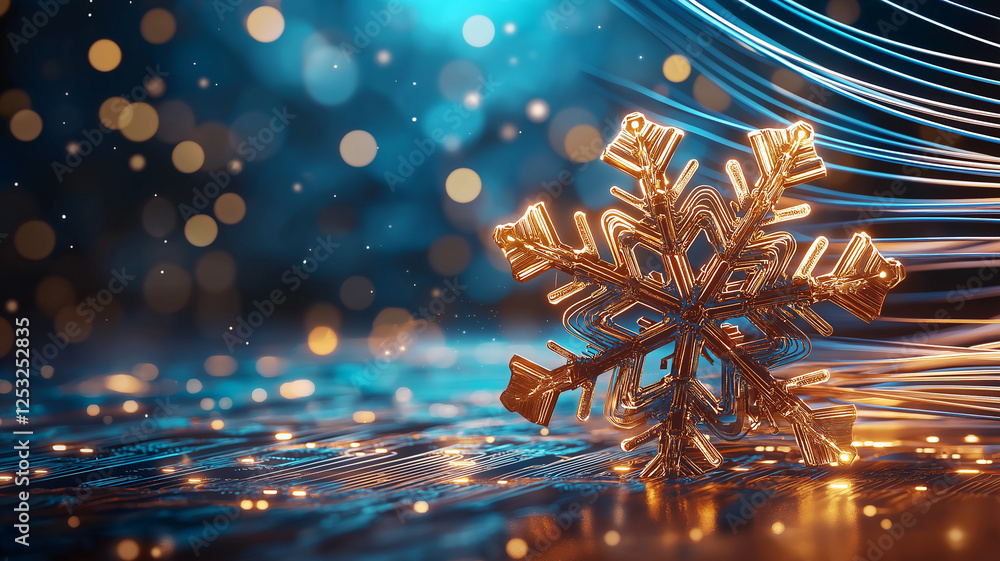Poster glowing snowflake made from circuit board design, surrounded by shimmering lights and blue backgroun