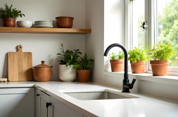 Wood Kitchen Furniture surrounded by eco-friendly materials and products, plants, minimalist design, eco-friendly approach to kitchen furnishings