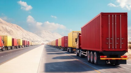 Fototapeta premium Border checkpoint with long lines of freight trucks, emphasizing import delays, realistic and detailed