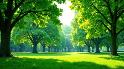 Obraz premium Serene Summer Meadow Lush Green Canopy of Majestic Trees under Bright Sunlight Casting Shadows on Vibrant Grass