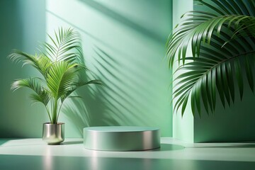 Obraz premium Serene Minimalist Scene with Pale Green Cylinder Display Stand and Lush Tropical Foliage in Soft Sunlight