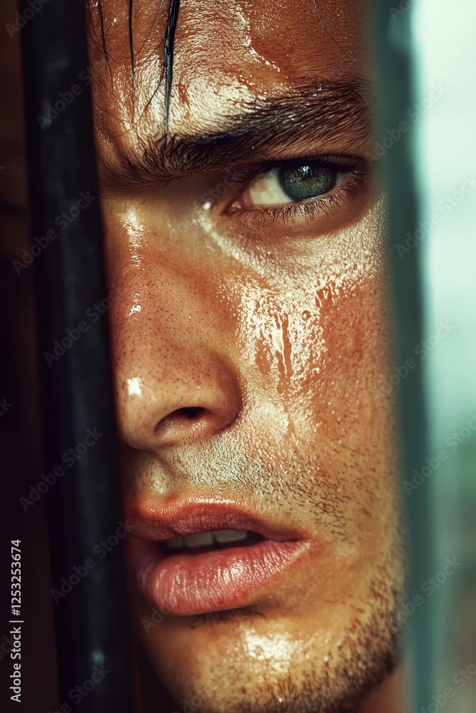 Poster an intense portrait capturing the raw emotion and detail of a person's expression with sweat and lig