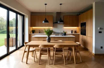 Fototapeta premium Wood Kitchen Furniture surrounded by eco-friendly materials and products, plants, minimalist design, eco-friendly approach to kitchen furnishings