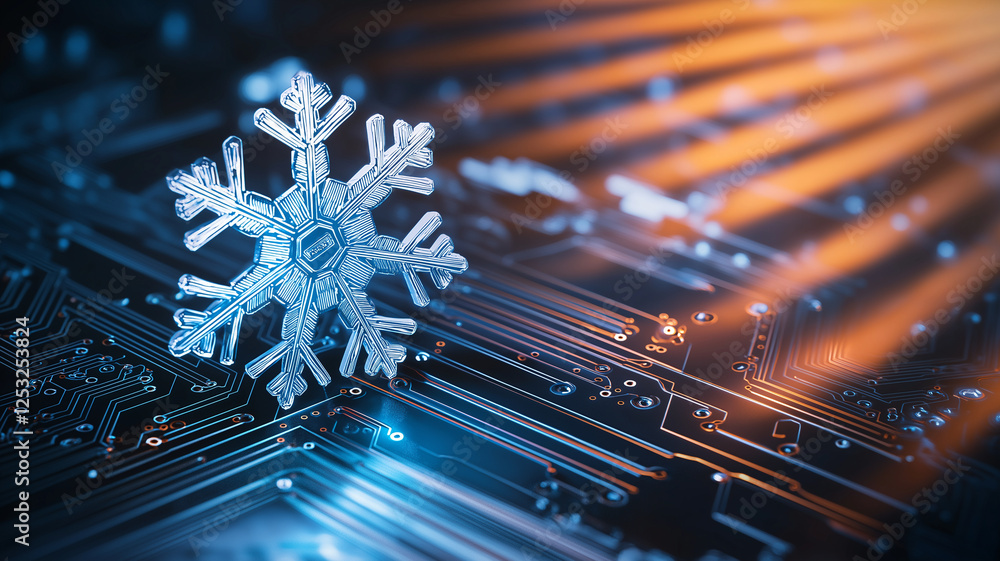 Poster snowflake design created from circuit board, showcasing intricate details and blend of technology an