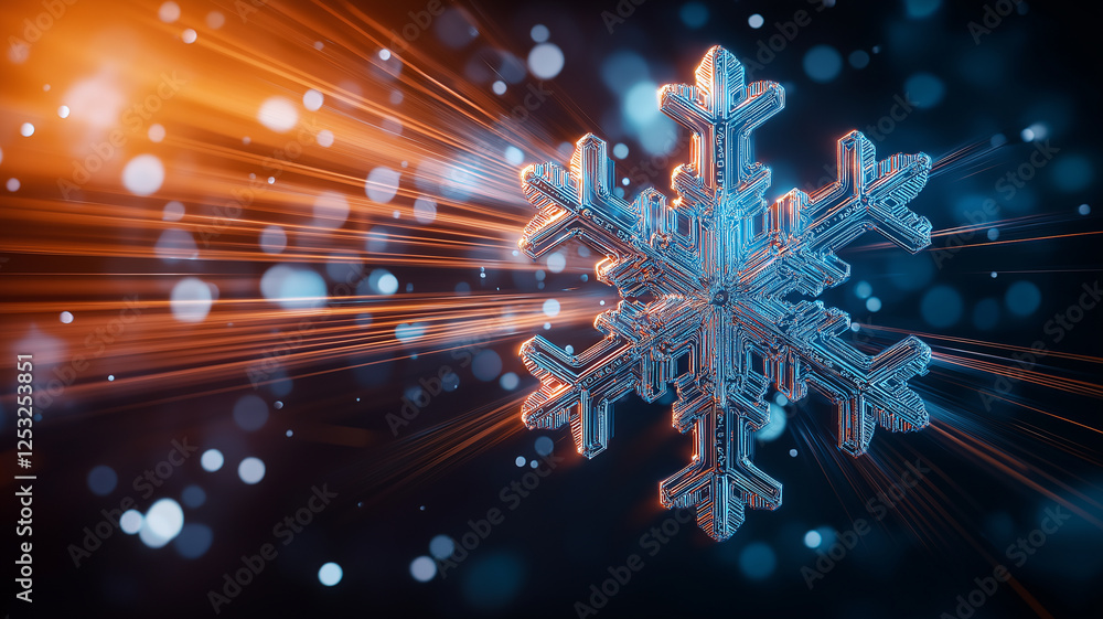Poster stunning snowflake design made from circuit board, illuminated with vibrant colors and dynamic light