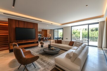 Fototapeta premium Modern living room with large sectional sofa and flat screen TV. Ideal for showcasing luxury home design, interior design, or real estate.