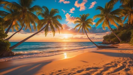 Golden Sunset over Tropical Beach with Palm Trees. The sun is setting on the horizon, casting a warm golden glow across the sky and water