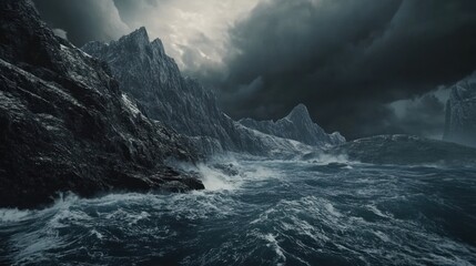 Stormy seascape with towering dark mountains and a dramatic sky and waves crashing
