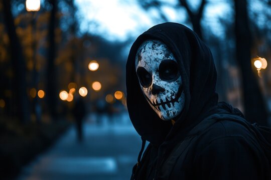 Spooky character with scarry mask, Halloween night,