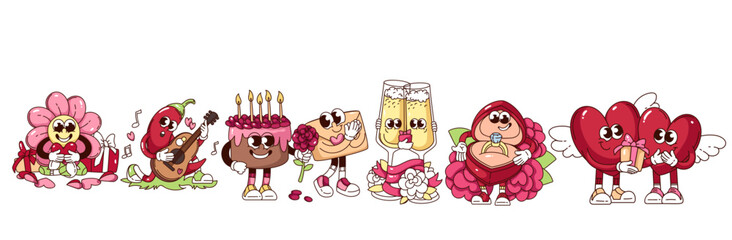 Groovy love gifts cartoon characters set. Funny retro flower giving red heart, couple of champagne glasses, cake. Love mascots, cartoon stickers collection of 70s 80s style vector illustration