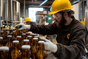 Male worker inspecting beer bottles in brewery production line