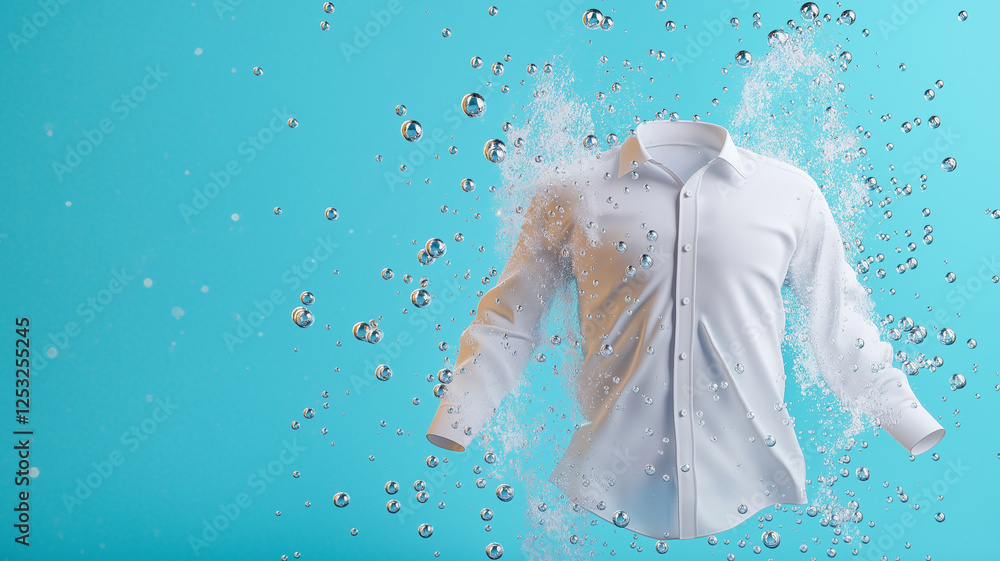 Poster white shirt appears to be submerged in water, surrounded by bubbles, creating dynamic and refreshing
