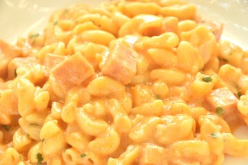 baking macaroni and slice ham pork sausage with cheese on plate