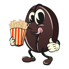 cute coffee beans vektor illustration mascot character brought a box of french fries, work of hand drawn